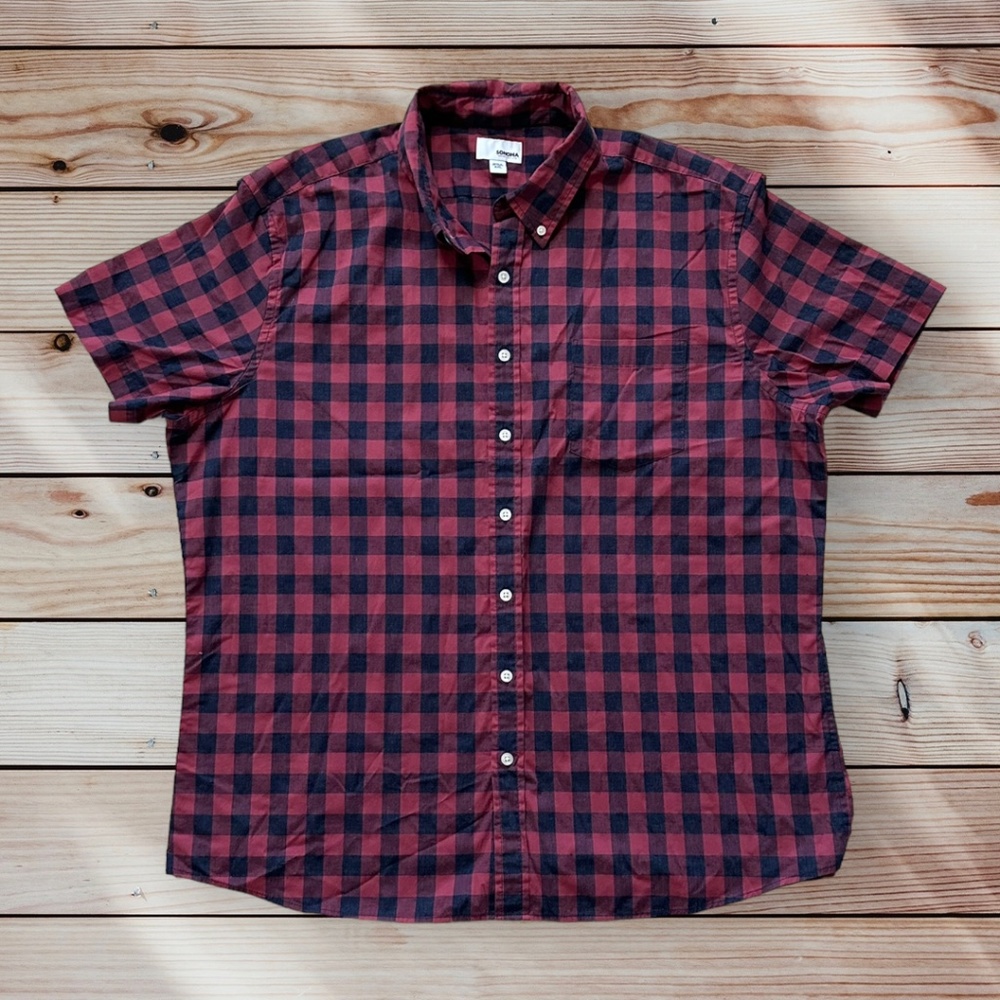 Men's Sonoma XXL Short Sleeve Salmon/Navy Plaid Casual Button Down Shirt